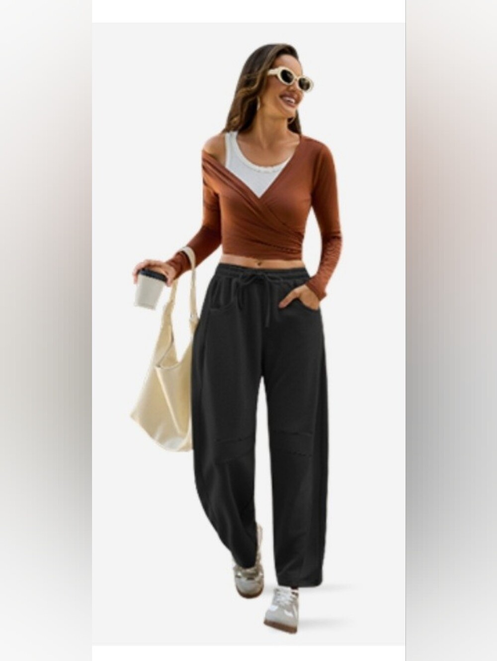 NWT Fisoew Black Barrel Leg Drawstring Elastic Waisted Pants with Pockets Size L